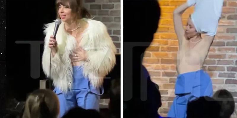 La comica Natasha Leggero poppe al vento durante lo show